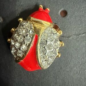 Vintage Lady Bug Brooch Goldtone Rhinestone Enamel Small Vintage 90s